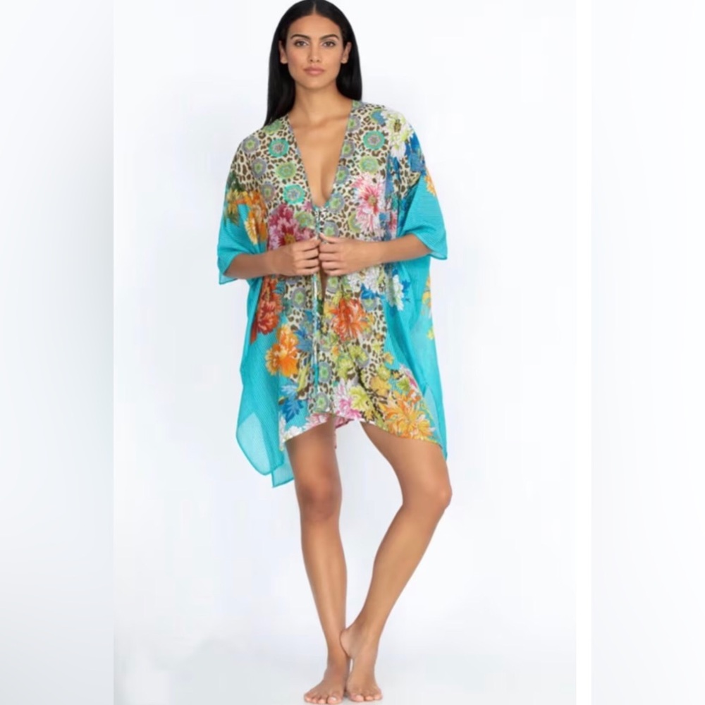 Johnny Was blue leopard floral kimono 30% silk new without tag and label Size L - Picture 2 of 6